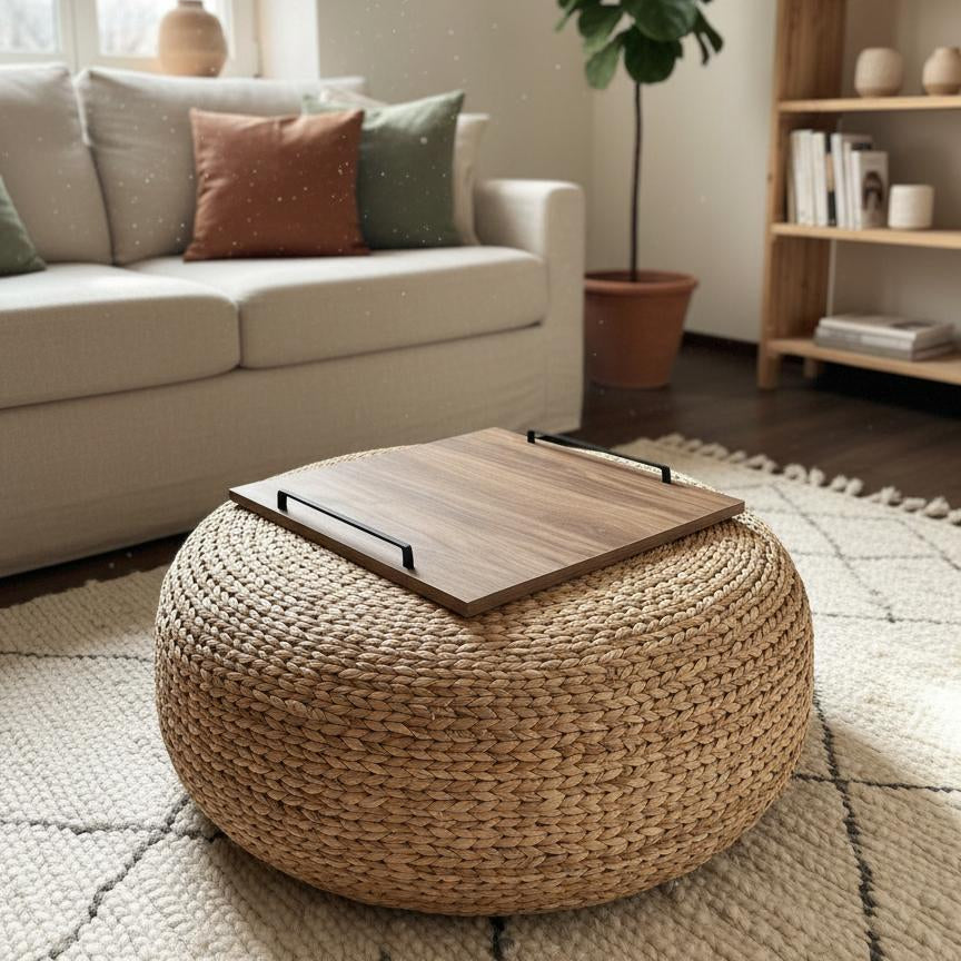 Woven ottoman with a wooden tray in a living room setting.
